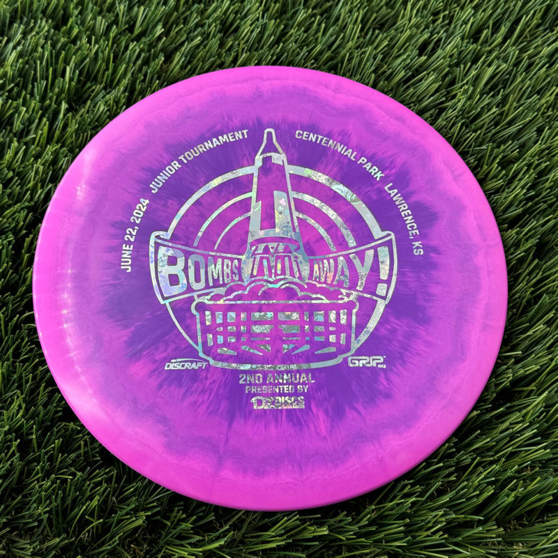 Discraft ESP Swirl Buzzz with Bombs Away Junior Tournament 2024 | Lawrence, KS | Presented by DZDiscs, Discraft, and GRIPeq w/ 2023 Discraft Tour Series Bottom Stamp Stamp - 180g Purple