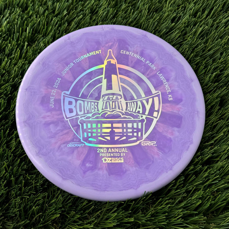 Discraft ESP Swirl Zone with Bombs Away Junior Tournament 2024 | Lawrence, KS | Presented by DZDiscs, Discraft, and GRIPeq w/ 2023 Discraft Tour Series Bottom Stamp Stamp - 174g Purple