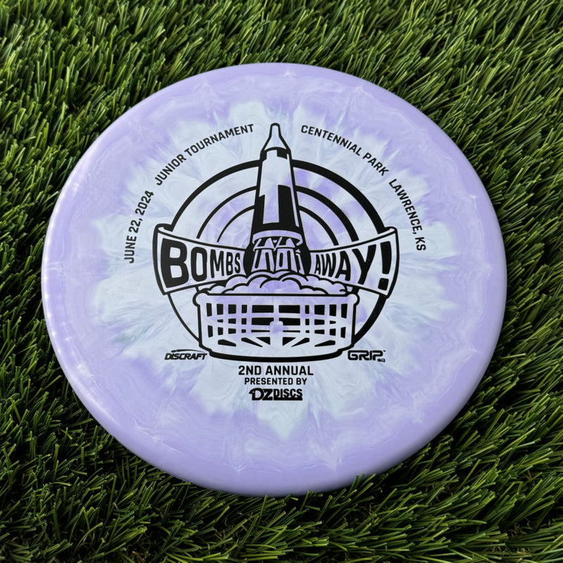 Discraft ESP Swirl Zone with Bombs Away Junior Tournament 2024 | Lawrence, KS | Presented by DZDiscs, Discraft, and GRIPeq w/ 2023 Discraft Tour Series Bottom Stamp Stamp - 174g Purple