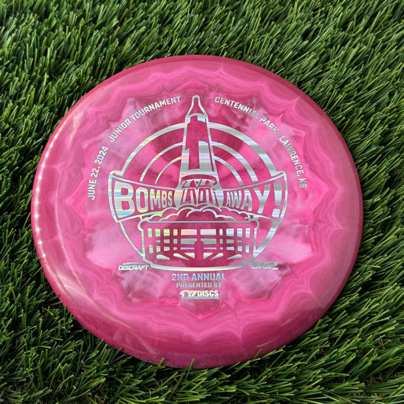 Discraft ESP Swirl Fierce with Bombs Away Junior Tournament 2024 | Lawrence, KS | Presented by DZDiscs, Discraft, and GRIPeq w/ 2023 Discraft Tour Series Bottom Stamp Stamp - 174g Merlot Purple