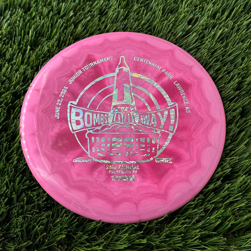 Discraft ESP Swirl Fierce with Bombs Away Junior Tournament 2024 | Lawrence, KS | Presented by DZDiscs, Discraft, and GRIPeq w/ 2023 Discraft Tour Series Bottom Stamp Stamp - 174g Off Purple