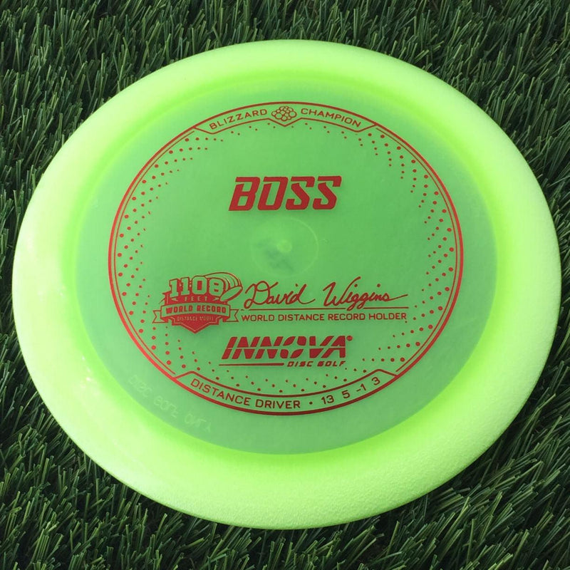 Innova Champion Blizzard Boss with 1108 Feet - David Wiggins - World Distance Record Holder Stamp - 142g - Translucent Neon Green